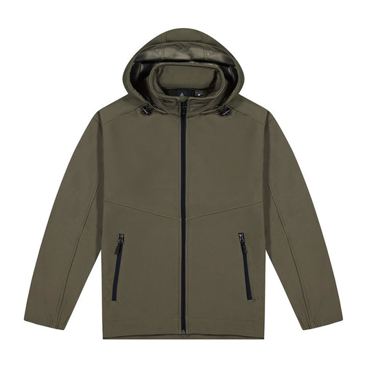 Aspiring Soft Shell Jacket featuring durable YKK zips, a fold-away hood, adjustable waist, and zippered hand pockets, ideal for versatility and protection in safety-focused environments.