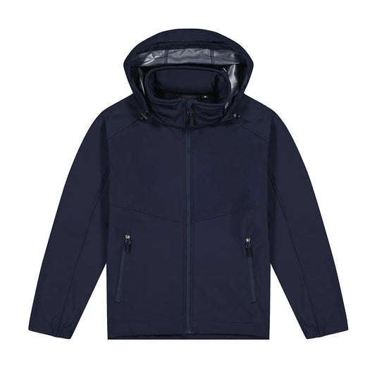 Aspiring Soft Shell Jacket with a hood offers windproof, water-resistant protection and fleece warmth. Features include YKK zips, zippered hand pockets, inside drop pockets, adjustable waist, and fold-away hood.