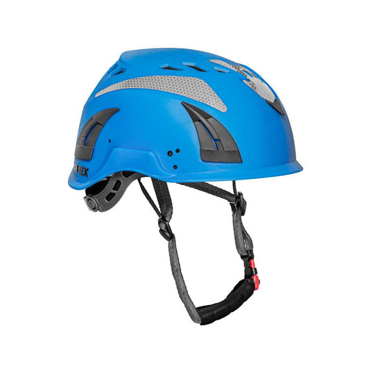 Apex Multi Impact Helmet: Blue, featuring ventilation slots, silver reflective patches, black attachment points, and a red-buckled adjustable chinstrap, designed for versatile safety, ideal for industrial applications.