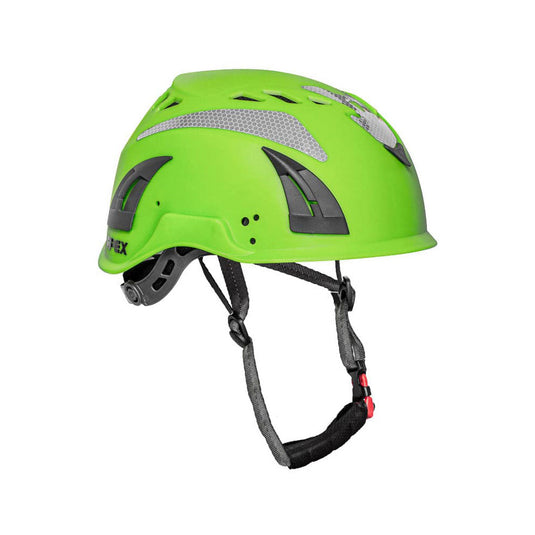 Apex Multi Impact Helmet: Green featuring reflective decals, ventilation slots, adjustable chin strap with quick-release buckle, and accessory attachment points, ideal for industrial safety and mountaineering standards.