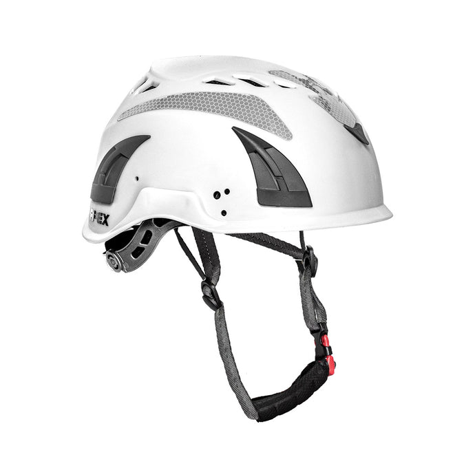 Apex Multi Impact Helmet: White, featuring ventilation slots, adjustable chin strap, side mounts for accessories, and reflector stickers, designed for industrial safety and mountaineering with certified impact protection.