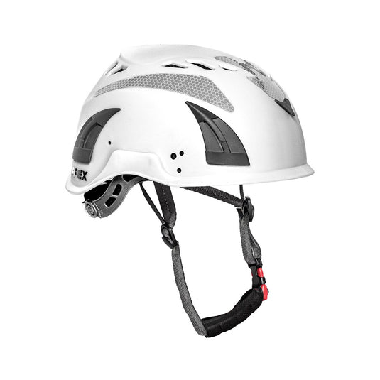 Apex Multi Impact Helmet: White, featuring ventilation slots, adjustable chin strap, side mounts for accessories, and reflector stickers, designed for industrial safety and mountaineering with certified impact protection.