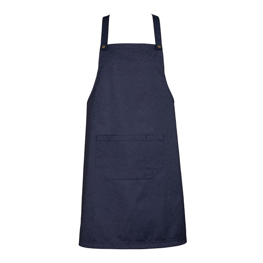 Biz Urban Bib Apron featuring a navy design with adjustable neck strap, divided front pocket, removable x-back straps, and reinforced stitching, ideal for durable and comfortable workplace use.