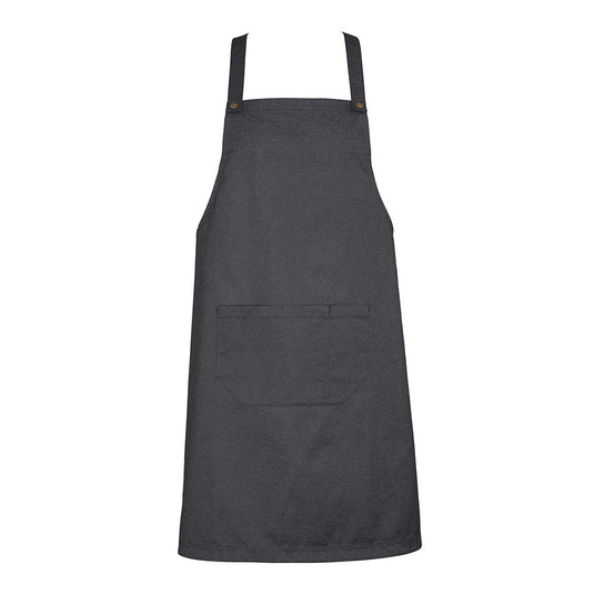 Biz Urban Bib Apron with adjustable neck strap, featuring a large front pocket and reinforced stitching. Ideal for safety-focused environments, it includes antique brass fittings and removable x-back straps for versatility.