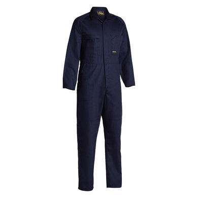 Bisley Cotton Drill Long Sleeve Coverall, Navy, features a front zip, chest pockets, mobile phone pocket, reinforced knees, and antimicrobial treatment, ideal for workplace safety and durability.