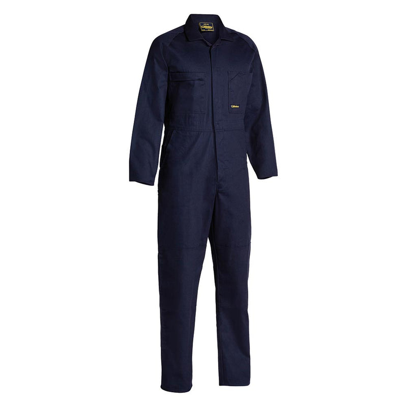 Load image into Gallery viewer, Bisley Cotton Drill Long Sleeve Coverall, Navy, features a front zip, chest pockets, mobile phone pocket, reinforced knees, and antimicrobial treatment, ideal for workplace safety and durability.
