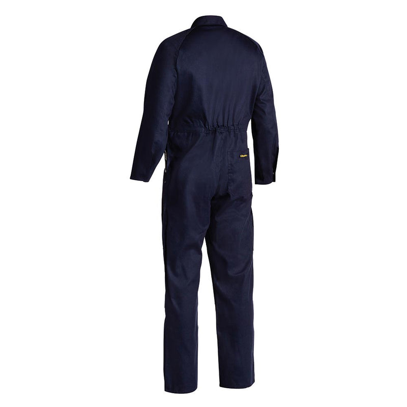 Load image into Gallery viewer, Bisley Cotton Drill Long Sleeve Coverall, Navy, showcases a back view with elastic waist, a right hip pocket, and full-length pant legs and sleeves, ideal for workplace durability and functionality.
