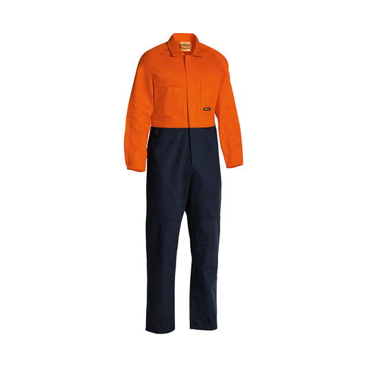Bisley Hi Vis Cotton Drill Coverall, a durable work garment with bright orange upper and navy lower, features multiple pockets, double-layered knees, and antimicrobial treatment, ideal for industrial safety and visibility.