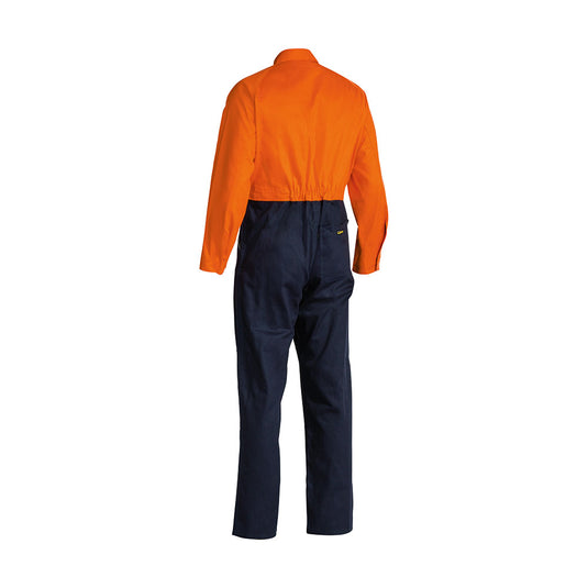 Bisley Hi Vis Cotton Drill Coverall, featuring a two-tone design with a bright orange top and navy blue bottom, full-length sleeves, and multiple functional pockets, ideal for safety-focused work environments.
