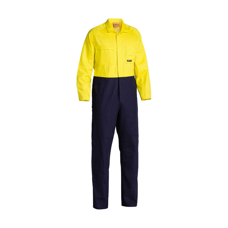 Load image into Gallery viewer, Bisley Hi Vis Cotton Drill Coverall features a two-tone design with a bright yellow upper and navy lower half, long sleeves, chest pockets, and reinforced knees, ideal for safety work environments.
