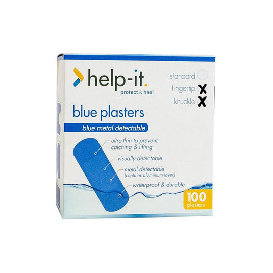 Help-It Blue Metal Detectable Knuckle Plasters: Box/100, showcasing ultra-thin, waterproof design with metal-detectable aluminum layer. Ideal for workplace safety, ensuring secure adhesion and visibility in demanding environments.