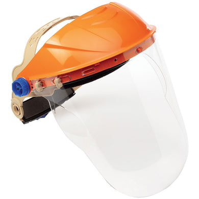 Striker Browguard Visor With Chinguard, Clear, featuring a 260mm polycarbonate visor with anti-fog, anti-scratch, and UV protection. Designed for diverse environments, it includes flared ear cowls for hearing protection compatibility.
