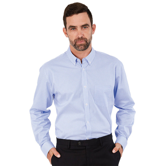 Barkers Mens Hudson Long Sleeve Check Shirt, Sky Blue/White: A bearded man models the 100% cotton gingham check shirt, featuring a button-down collar, mitred cuffs, single breast pocket, and contrast stitch detailing.