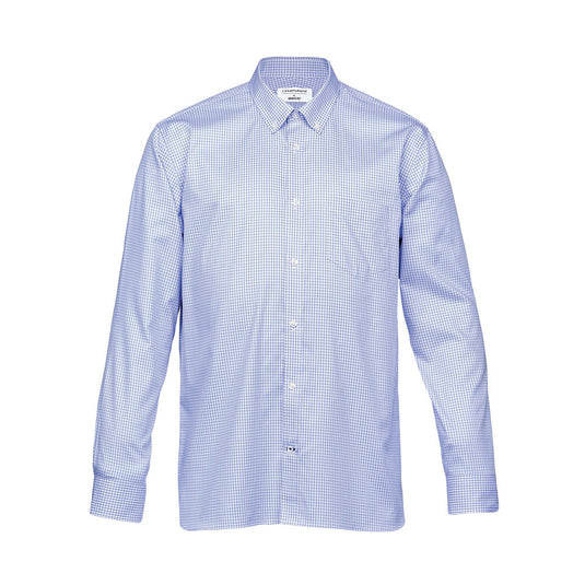 Barkers Mens Hudson Long Sleeve Check Shirt, Sky Blue/White, featuring a crisp, checkered pattern with a button-down collar, adjustable cuffs for cuff links, and a single breast pocket, ideal for sophisticated casual wear.