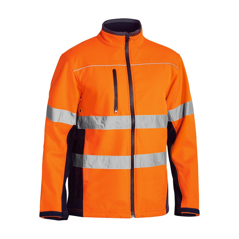 Load image into Gallery viewer, Bisley Hi Vis Taped Soft Shell Jacket features bright orange, showerproof fabric with reflective silver bands and piping, a vertical chest pocket, and adjustable cuffs, ideal for workplace safety.
