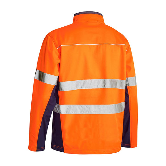 Bisley Hi Vis Taped Soft Shell Jacket, showcasing a back view with two silver reflective bands and smaller sleeve strips, featuring contrast dark panels, ideal for workplace safety and visibility.