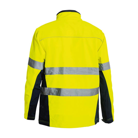 Bisley Hi Vis Taped Soft Shell Jacket features a fluorescent yellow back with reflective silver bands on torso and sleeves, contrasting dark side panels, and waterproof zippers, emphasizing safety and functionality.