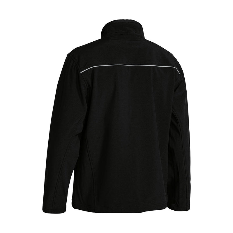 Load image into Gallery viewer, Bisley Soft Shell Jacket, back view, showcasing its lightweight design with a stand-up collar and reflective stripe. Features include waterproof zippers, sleeve cuff adjusters, and eyelet ventilation for enhanced safety and comfort.
