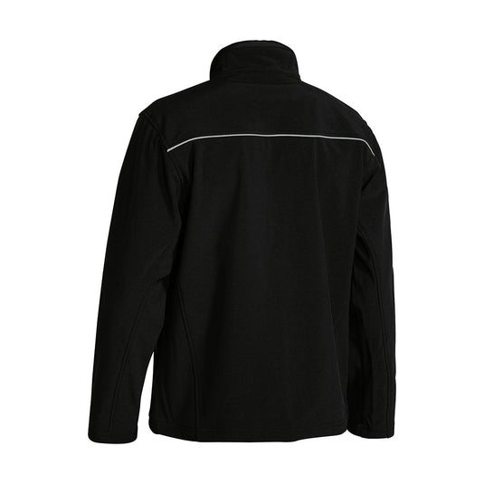 Bisley Soft Shell Jacket, back view, showcasing its lightweight design with a stand-up collar and reflective stripe. Features include waterproof zippers, sleeve cuff adjusters, and eyelet ventilation for enhanced safety and comfort.