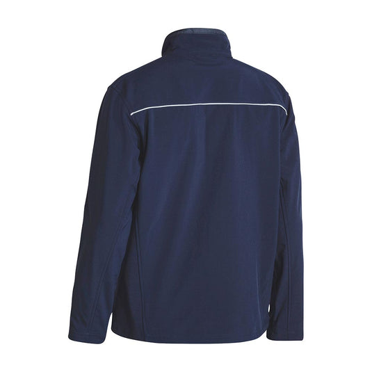 Bisley Soft Shell Jacket, back view, featuring a stand-up collar and horizontal reflective piping across the upper back, ideal for safety and comfort with its showerproof, breathable fabric and adjustable features.