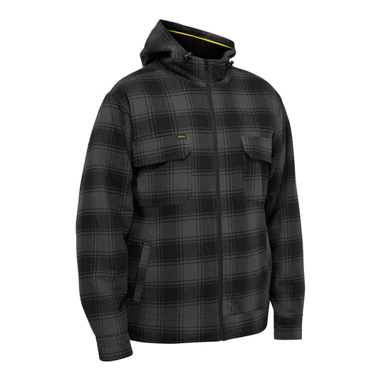 Bisley Zip Hoodie with Sherpa Lining features a black-and-dark-gray plaid design, zip-front closure, two chest pockets, and hand-warmer pockets. The hood has a contrasting yellow trim and sherpa lining for warmth.