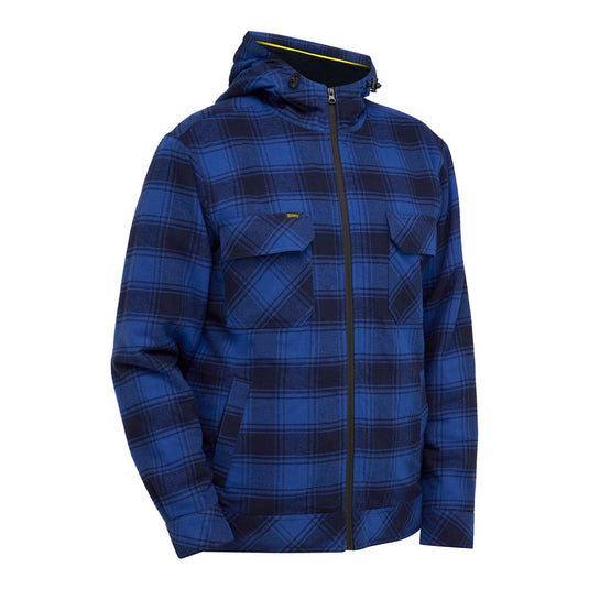 Bisley Zip Hoodie with Sherpa Lining features a blue-and-black plaid design, full front zipper, sherpa-lined hood, and functional pockets, crafted for comfort and warmth, ideal for active safety wear.