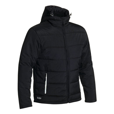 Bisley Waterproof Puffer Jacket with Adjustable Hood featuring quilted design, full-length zipper, zip-up side pockets, small logo near hem, and adjustable hood, ideal for safety and workwear needs.