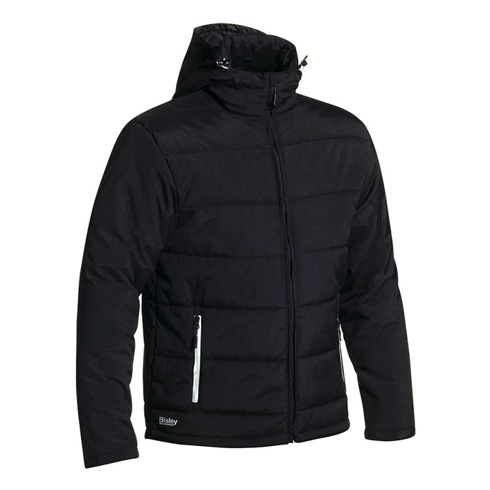 Bisley Waterproof Puffer Jacket with Adjustable Hood featuring quilted design, full-length zipper, zip-up side pockets, small logo near hem, and adjustable hood, ideal for safety and workwear needs.