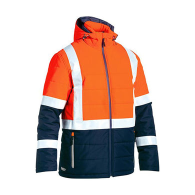 Bisley Hi Vis Taped Puffer Jacket featuring a hood, reflective H pattern, biomotion taping on sleeves, and waterproof zippers, designed for optimal safety and warmth in work environments.