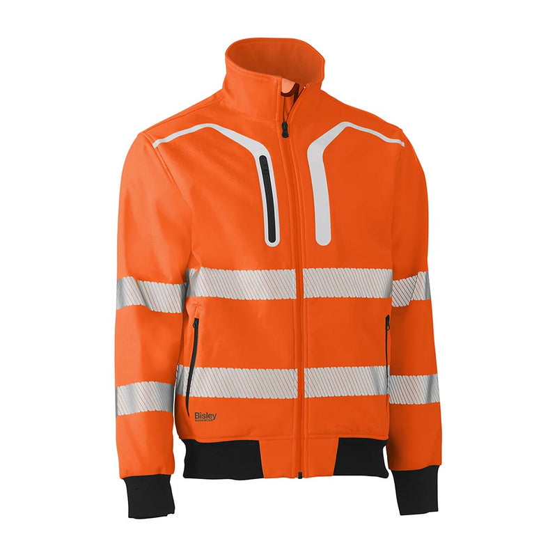 Load image into Gallery viewer, Bisley Hi Vis Soft Shell Bomber Jacket with bright orange fabric, silver reflective stripes, zip-front, stand-up collar, and multiple zip pockets, designed for enhanced visibility and weather protection in safety environments.
