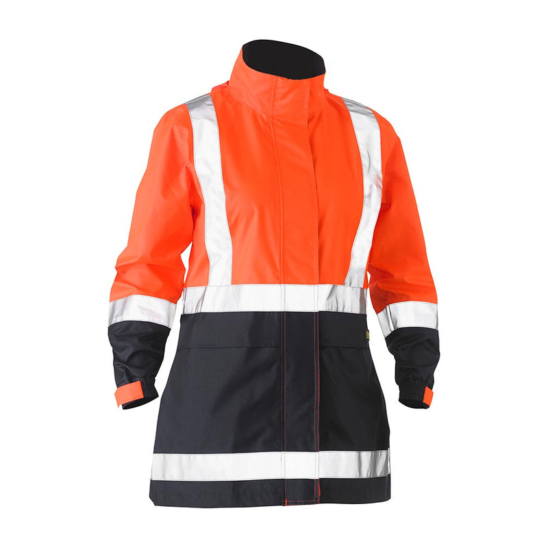 Load image into Gallery viewer, Bisley Hi Vis Women’s Taped Rain Jacket features a waterproof, breathable design with reflective H pattern and hem tape, tailored for enhanced visibility and protection in hazardous, low-light workplace conditions.
