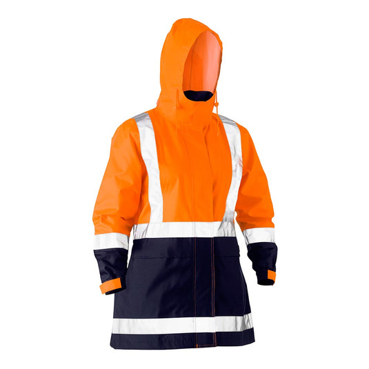 Bisley Hi Vis Women’s Taped Rain Jacket features a bright orange top with navy lower section, reflective striping, and a built-in hood. Ideal for safety, it offers waterproof protection and adjustable cuffs.