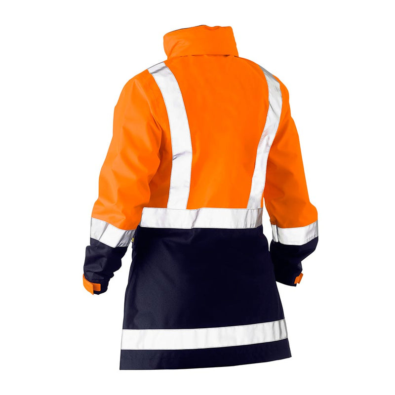 Load image into Gallery viewer, Bisley Hi Vis Women’s Taped Rain Jacket, featuring a bright orange upper with navy lower half, reflective H pattern, and concealed hood, designed for enhanced visibility and waterproof protection in safety applications.
