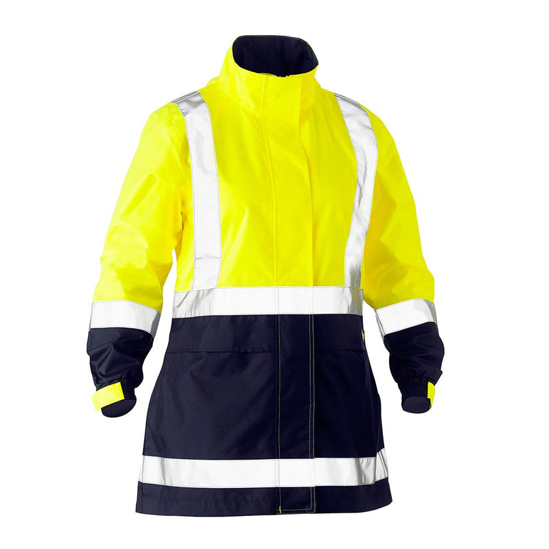 Load image into Gallery viewer, Bisley Hi Vis Women’s Taped Rain Jacket features a two-tone design with reflective striping, a built-in hood, and storm flap closure, ideal for workplace safety from New Zealand’s leading safety products store.
