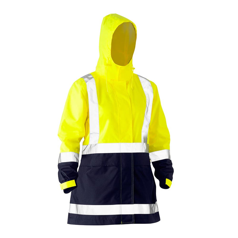 Load image into Gallery viewer, Bisley Hi Vis Women’s Taped Rain Jacket, featuring a waterproof design with reflective striping and a built-in hood, ideal for workplace safety. Adjustable cuffs and seam-sealed construction enhance functionality.
