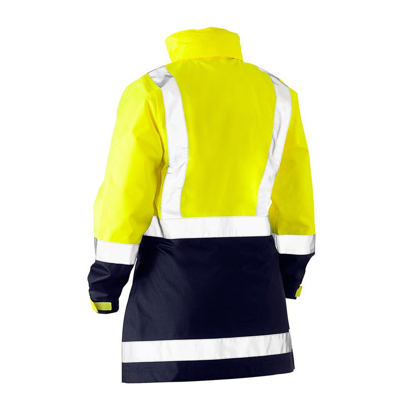 Load image into Gallery viewer, Bisley Hi Vis Women’s Taped Rain Jacket, featuring bright yellow and navy waterproof fabric with reflective stripes, seam-sealed construction, and a concealed hood, ideal for safety in roadwork or construction environments.
