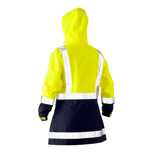 Bisley Hi Vis Women’s Taped Rain Jacket, featuring neon yellow upper and navy lower sections with broad silver-reflective bands on torso, sleeves, and shoulders, designed for high visibility and weather protection.