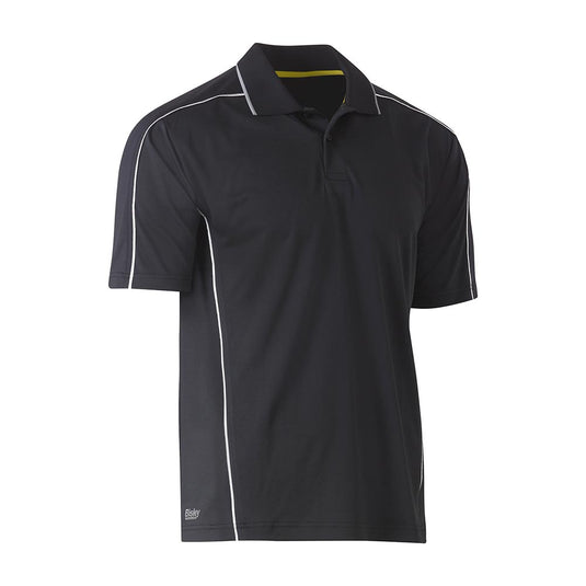 Bisley Cool Mesh Polo With Reflective Piping, featuring a classic collar, three-button placket, and white piping. Includes a small Bisley Workwear logo near the hem, emphasizing durable workwear for safety-conscious environments.