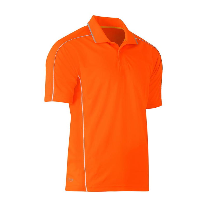 Load image into Gallery viewer, Bisley Cool Mesh Polo With Reflective Piping, featuring fluorescent orange hi-vis fabric, short sleeves, and reflective accents along the shoulders and sides, ideal for enhancing workplace safety and visibility.
