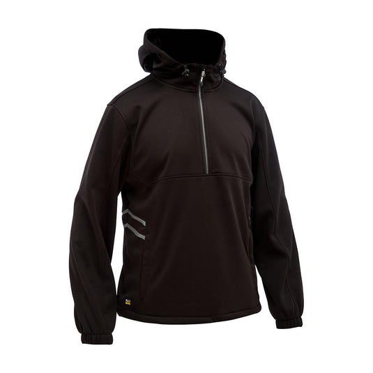 Bisley Flex & Move Liquid Repellent Fleece Hoodie with a quarter-zip, adjustable drawcord hood, and zip-closure side pockets, designed for safety and comfort with elasticated cuffs and liquid repellent finish.