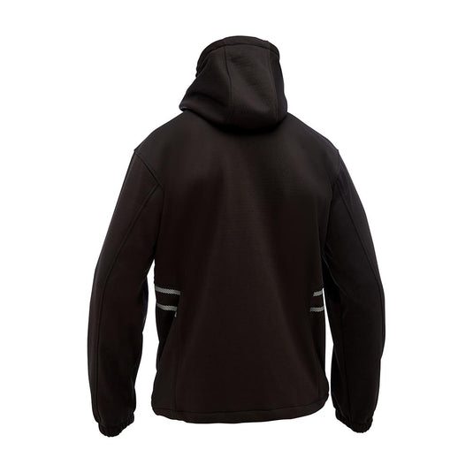 The Bisley Flex & Move Liquid Repellent Fleece Hoodie features a back view with elasticated cuffs, a shaped hood, and reflective stripes on the lower back, ideal for safety-conscious work environments.