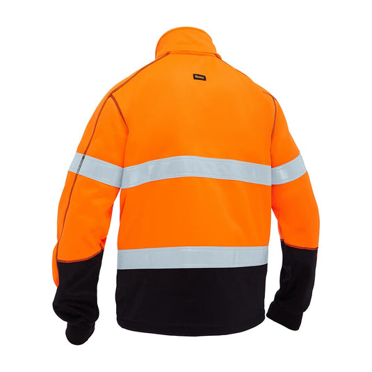 Bisley Hi Vis Taped Full Zip Fleece, showcasing its back with reflective bands and black lower panels, features a full zip and brand label below the collar, ideal for workplace safety.