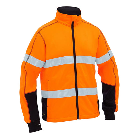 Bisley Hi Vis Taped Full Zip Fleece jacket features a fluorescent orange design with reflective bands and black panels, ensuring visibility. It includes a full zip, chin guard, and two zippered waist pockets.