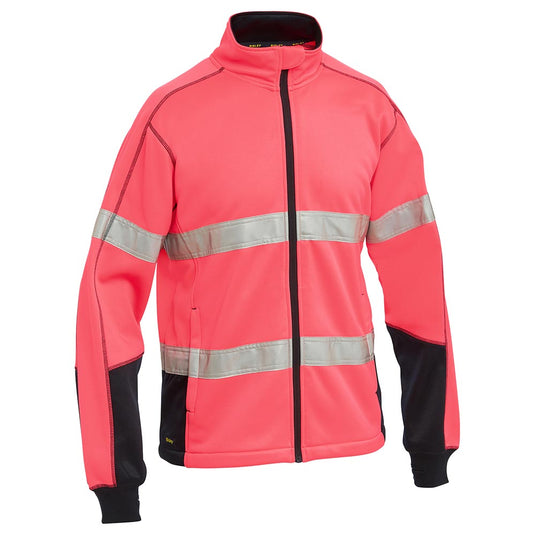 Bisley Hi Vis Taped Full Zip Fleece, featuring silver reflective bands and black lower sleeve panels, designed for maximum visibility and safety. Includes full zip closure, chin guard, and zippered hip pockets.