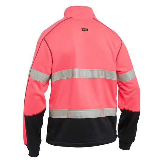 The Bisley Hi Vis Taped Full Zip Fleece showcases a high-visibility design, featuring silver reflective bands and a sleek full zip with chin guard, highlighting its safety and functionality for workplace environments.