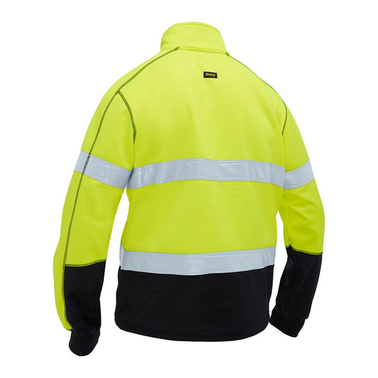 Bisley Hi Vis Taped Full Zip Fleece features a fluorescent yellow design with black accents, two reflective bands on the back and sleeves, and a Bisley label on the collar, ideal for workplace safety.