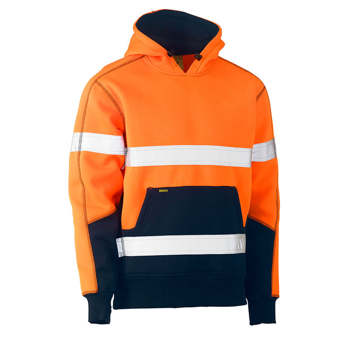 Bisley Hi Vis Taped Fleece Pullover Hoodie featuring reflective taped hoop pattern, premium polyester fleece, shaped hood with adjustable toggle, front kangaroo pouch pocket, and elasticated rib knit hem, ideal for safety workwear.