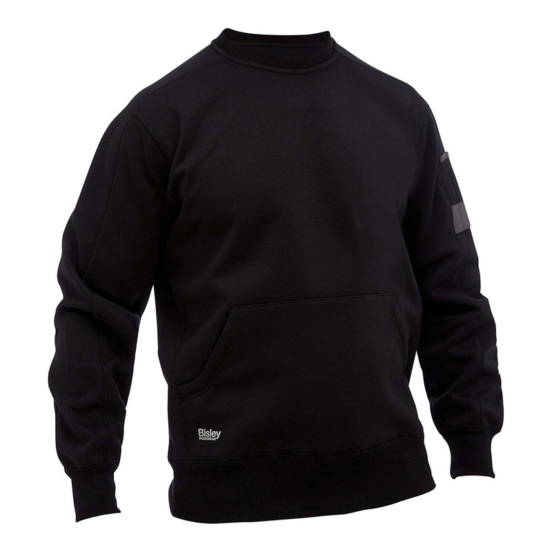 Load image into Gallery viewer, Bisley Work Fleece Crew Neck Jumper featuring a kangaroo pocket and utility sleeve pocket with pen division. Designed in a workwear style with rib-knit cuffs and hem, reflecting durability and functionality.
