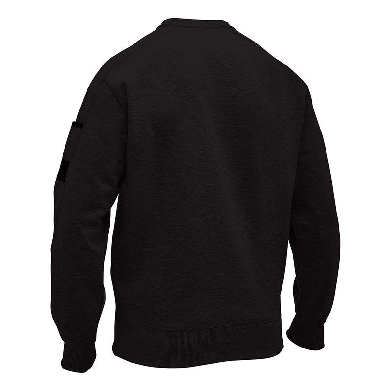 Load image into Gallery viewer, The Bisley Work Fleece Crew Neck Jumper showcases a back view with a small sleeve pocket featuring a pen division, ribbed cuffs and hem, and reinforced panels, ideal for workplace comfort.
