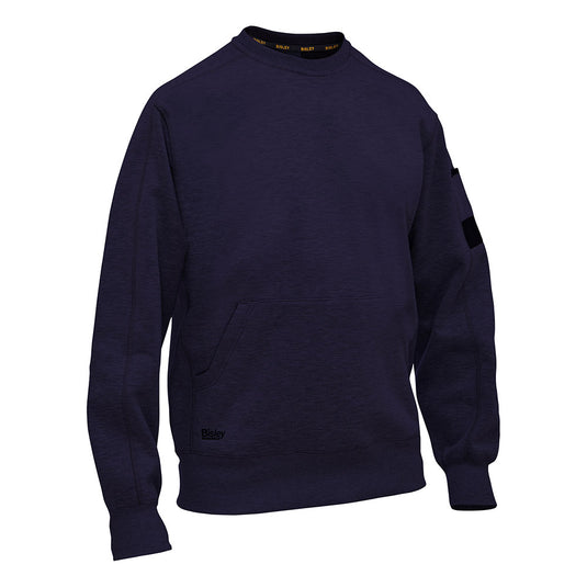 Bisley Work Fleece Crew Neck Jumper with a crew neck, ribbed cuffs, and hem. Features a front kangaroo pocket, sleeve utility pocket with pen division, and subtle Bisley branding at the hem.